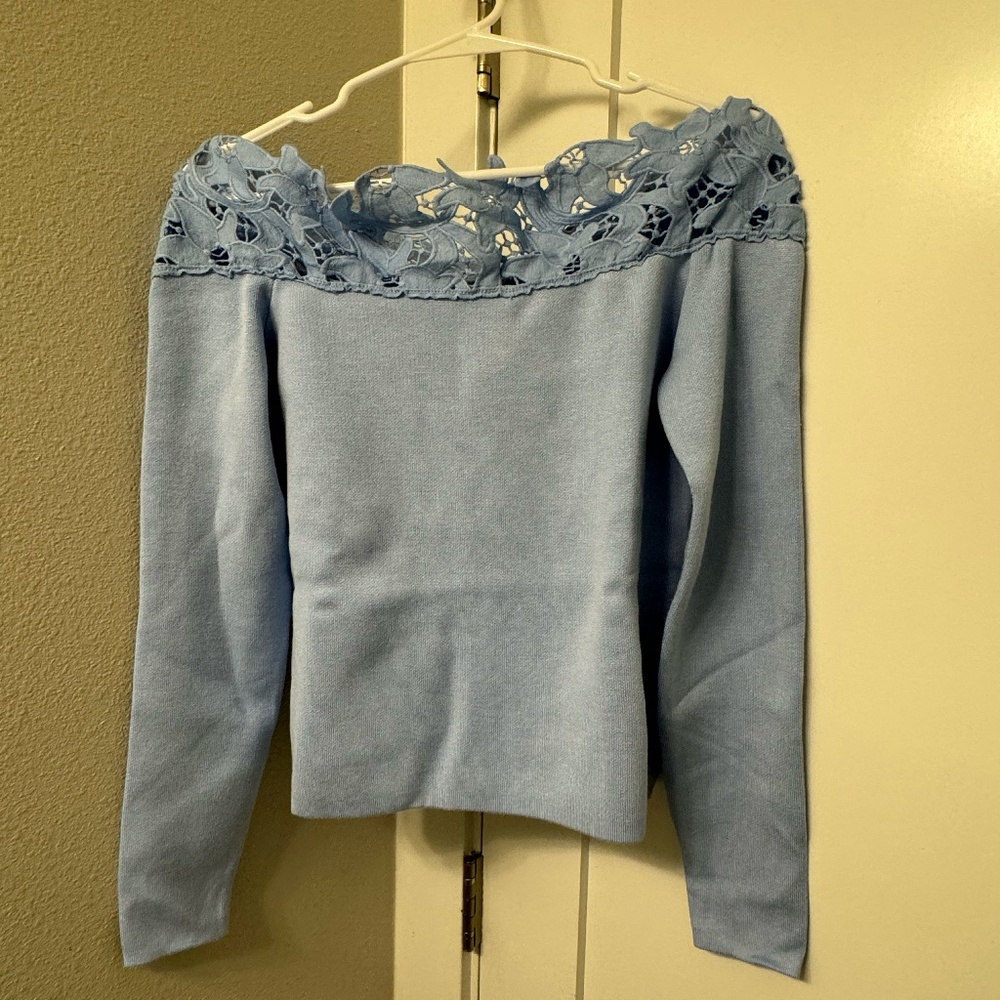 New York & Company - Lace Off Shoulder Pullover - SMALL - Light Blue